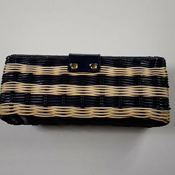 J CREW FACTORY HAVANA NAVY BLUE AND NATURAL WICKER STRAW CLUTCH EVENING BAG - Picture 6 of 16